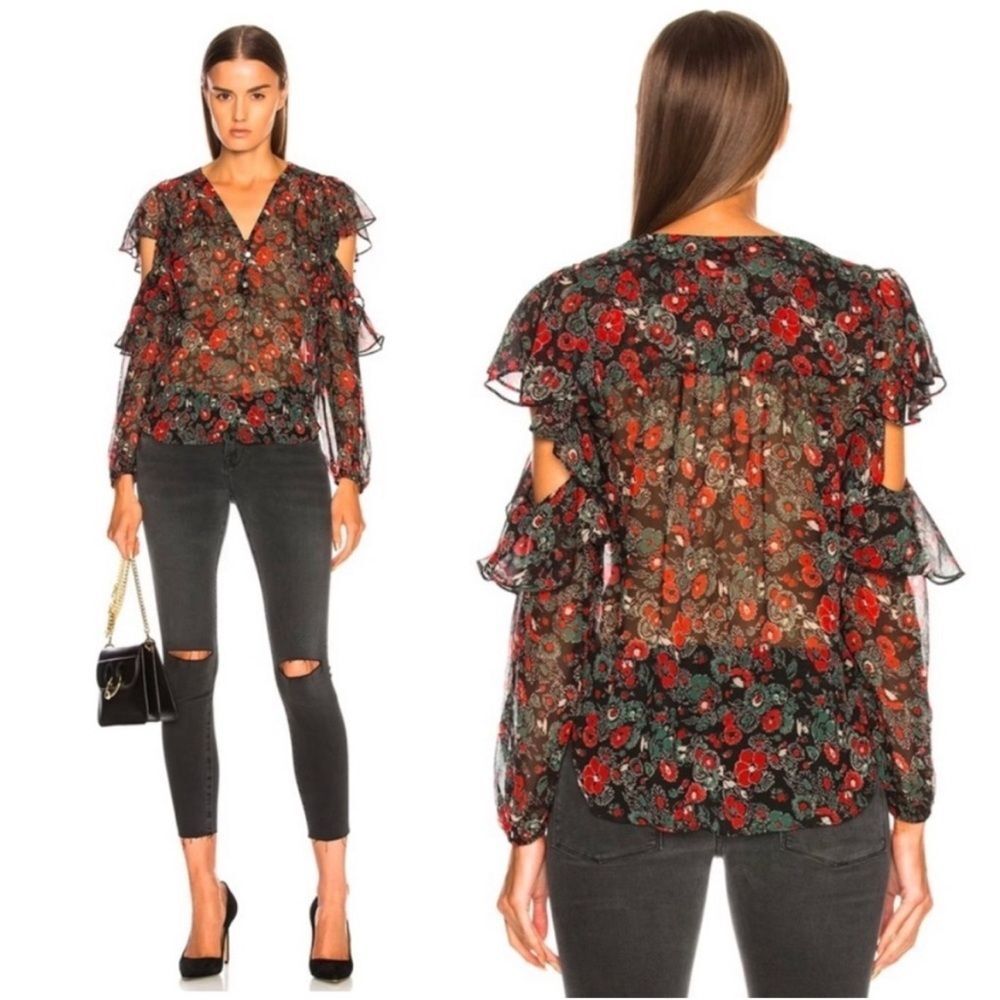 Veronica Beard Blakely Floral Silk Cut Out V-Neck Blouse Size 0 Black Multi